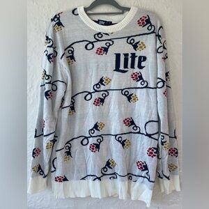Miller Lite ugly Christmas sweater cream, multicolor lights, holiday party; XL